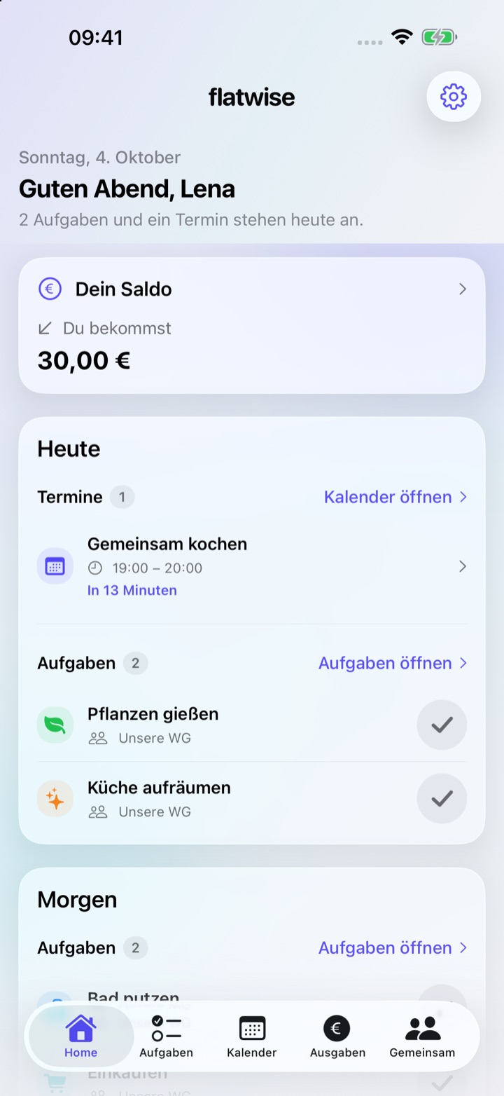 Flatwise auf dem iPhone: Tagesübersicht mit Aufgaben, Terminen und offenem Saldo.