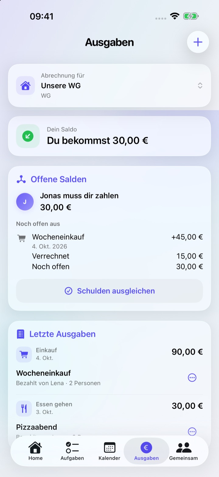 Ausgabenansicht mit offenen Beträgen und gemeinsamen Ausgaben.