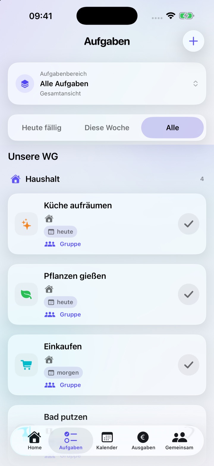 Aufgabenansicht mit gemeinsamen und persönlichen Aufgaben.
