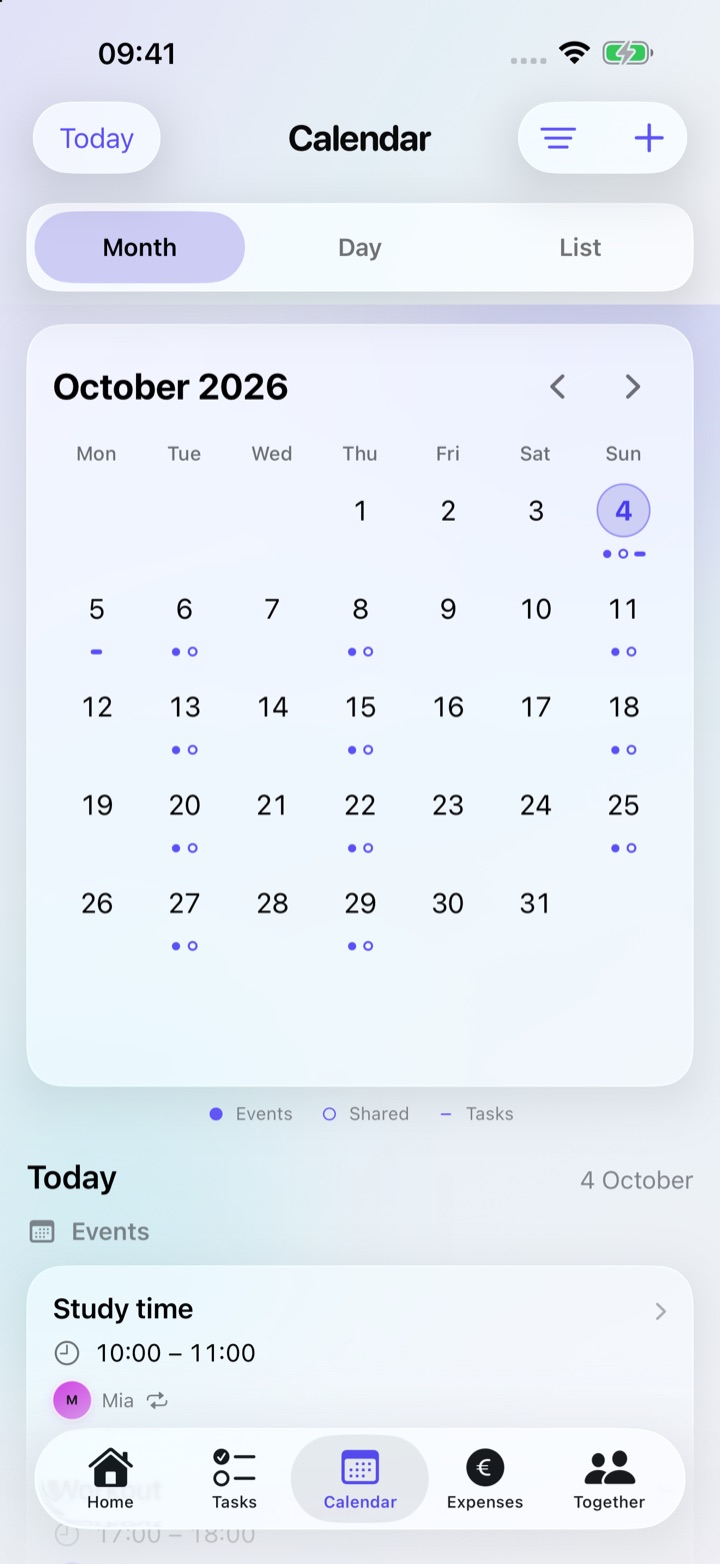 Calendar with a month overview and events for the selected day.