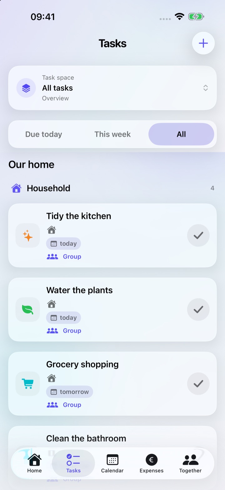 Tasks view showing shared and personal tasks.