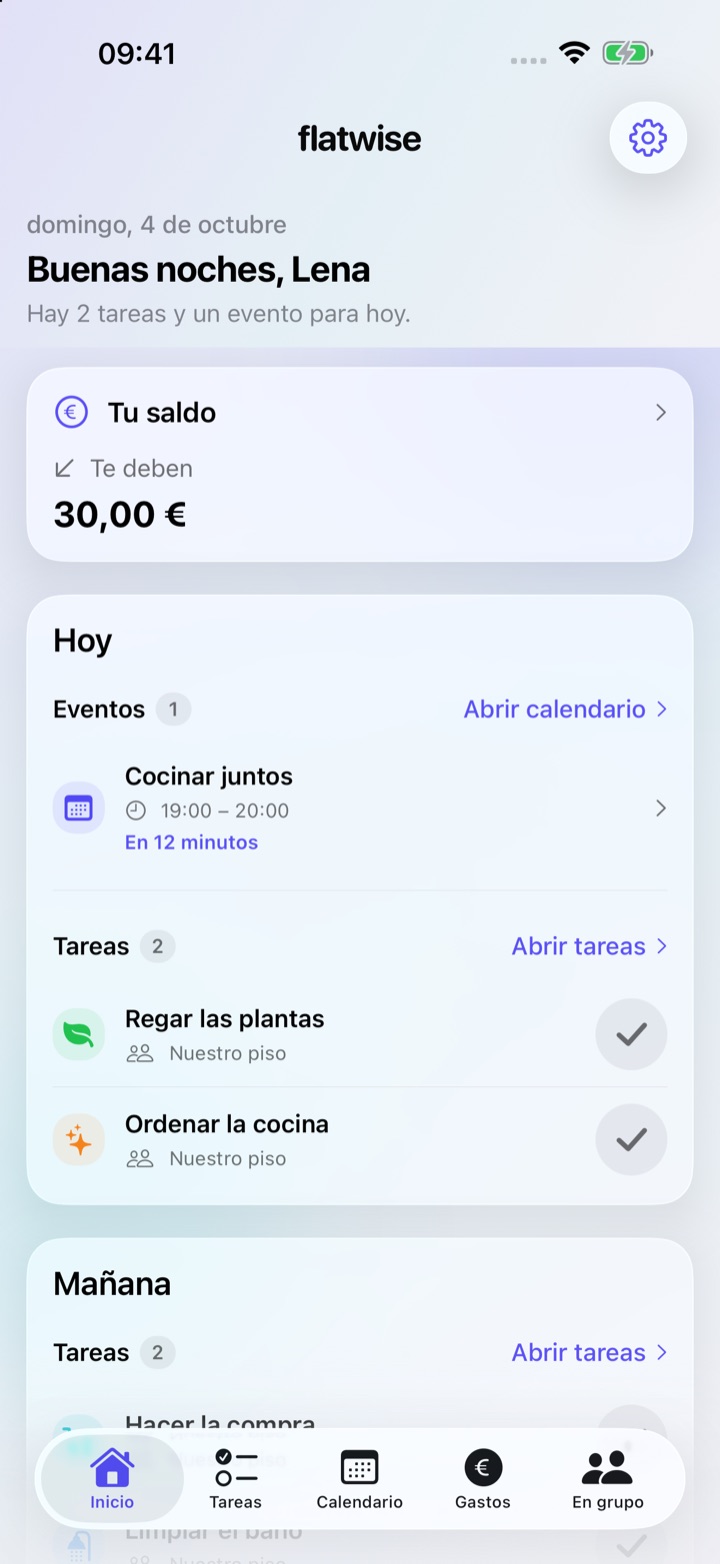Flatwise en iPhone: resumen del día con tareas, eventos y saldo pendiente.