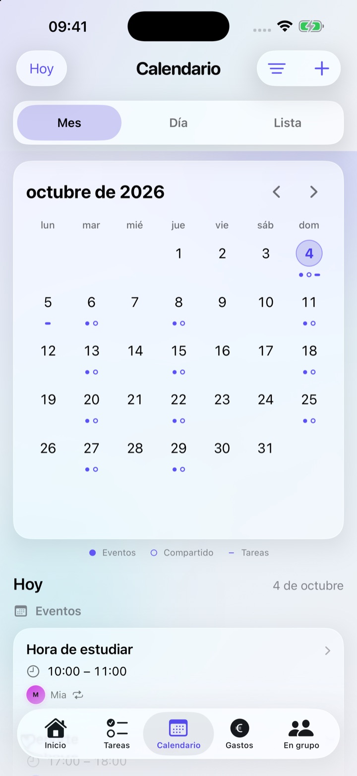 Calendario con vista mensual y eventos del día seleccionado.