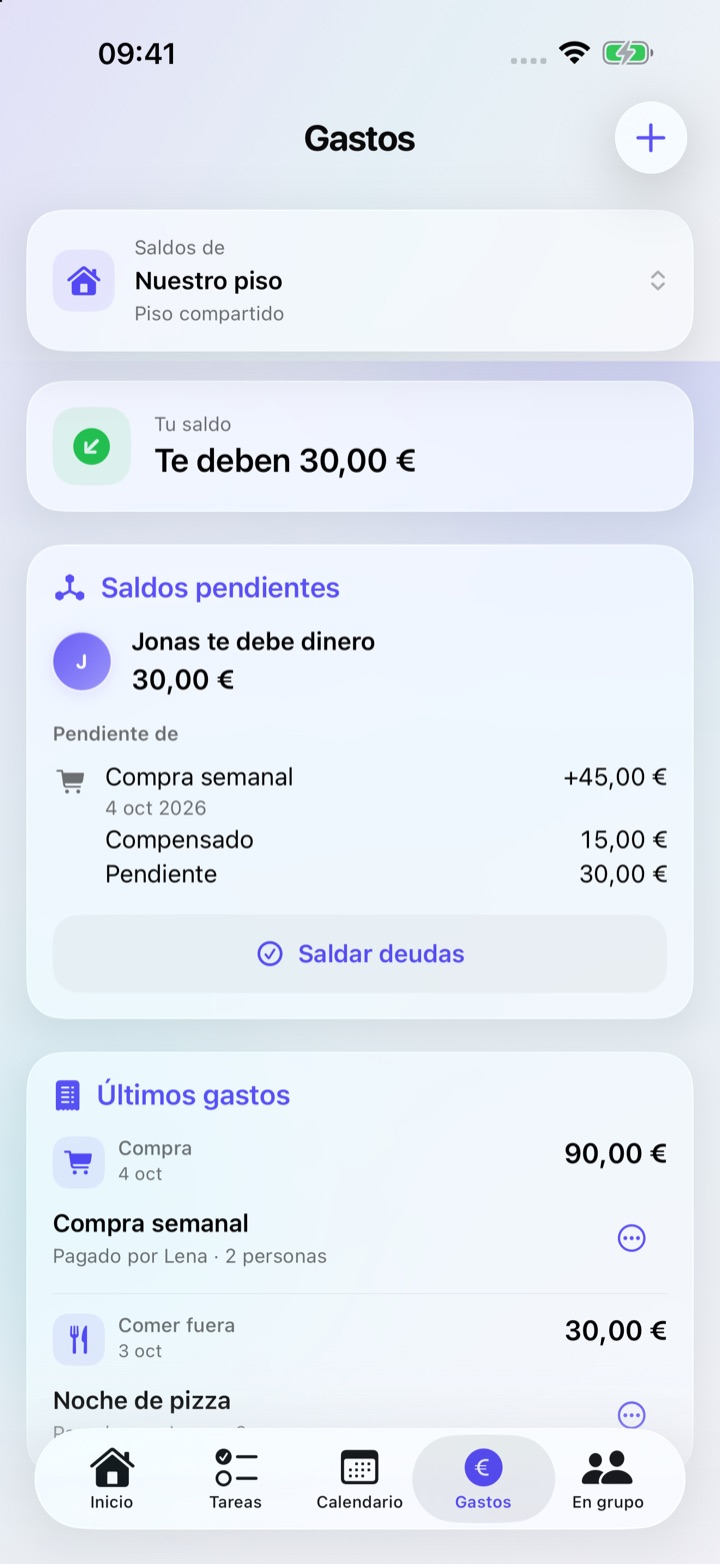 Vista de gastos con importes pendientes y gastos compartidos.