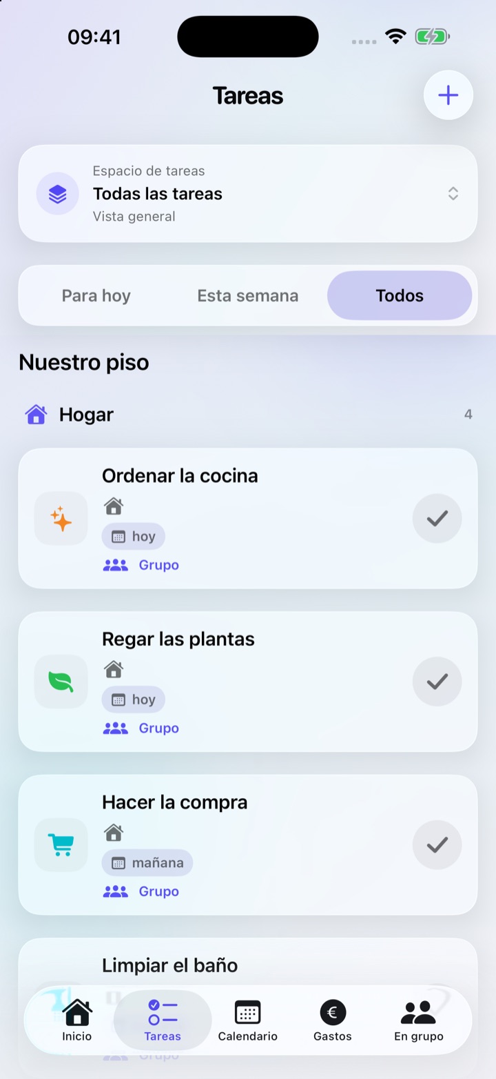 Vista de tareas personales y compartidas.