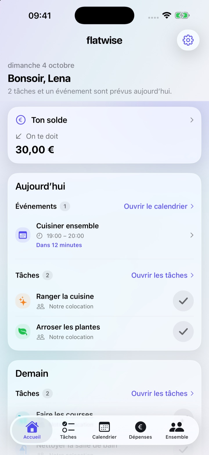 Flatwise sur iPhone : aperçu du jour avec tâches, événements et solde restant.