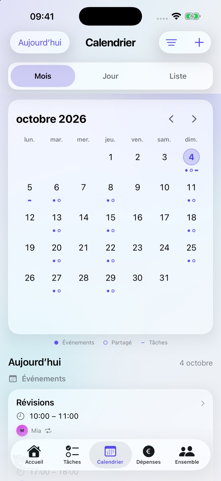 Calendrier avec vue mensuelle et événements du jour sélectionné.