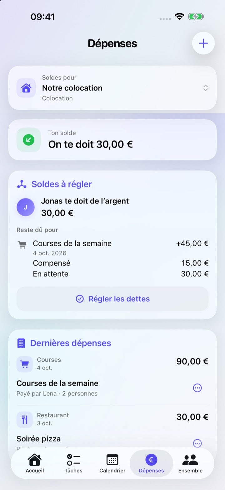 Vue des dépenses avec montants dus et dépenses communes.