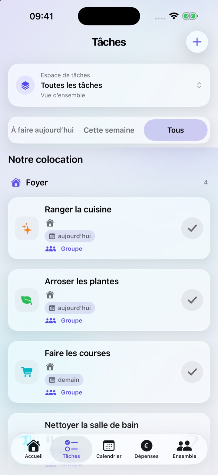 Vue des tâches personnelles et partagées.